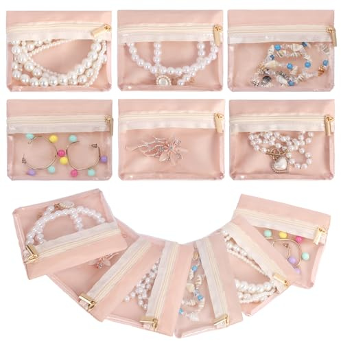 Auliuse 12Pcs Small Pink Jewellery Pouches for Travel - Individual Zipper Jewellery Organizer Pouches for Women Travel Business Gifts