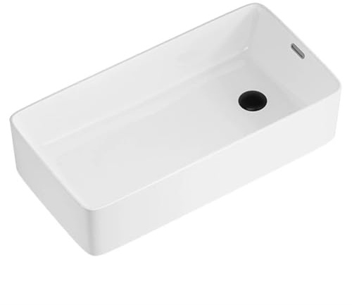 Lavabo da Appoggio in Ceramica con Troppopieno, Lavello Rettangolare Moderno con Scarichi Laterali e Scarico Pop-up per Bagno e WC degli Ospiti