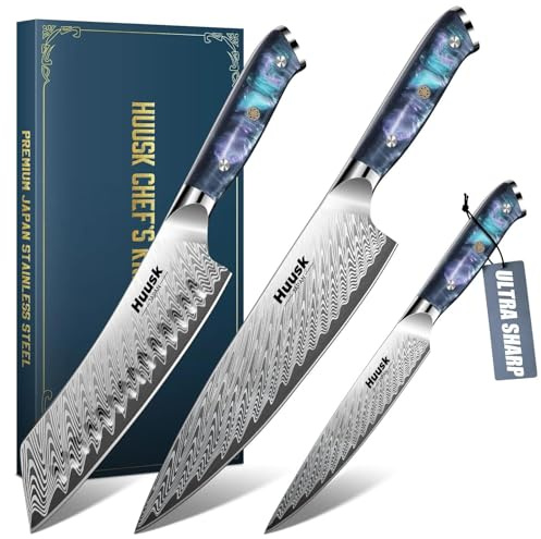 Huusk Japanese Knife Set 3 PCS - Stainless Chef Knife Set with Sheath & Ergonomic Resin Handle, Hand Sharpened Full Tang Professional Kitchen Knives for All Purpose, Gifts Idea for Men Women
