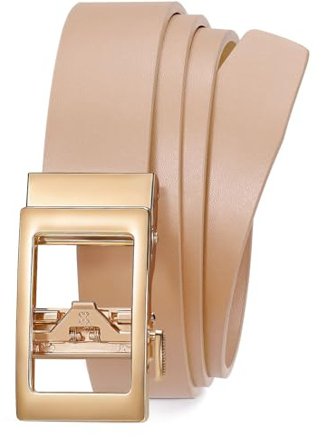 LEACOOLKEY Automatik Damen Ratschen Ledergürtel Verstellbarer Ohne Löcher Damengürtel für Jeans Hosen mit goldener Schiebeschnalle,3cm Breite