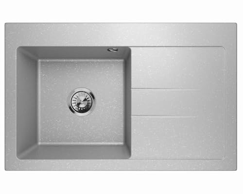 Lavello Fregadero de granito plateado metálico – Fregadero de montaje profundo 77,5x49,5 cm – Fregadero de cocina de 1 cubeta con escurridor, fácil de cuidar, resistente a los arañazos, reversible