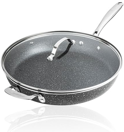 Granitestone Ceraluxe 14 Inch Frying Pan with Lid, Family Sized Large Frying Pan Skillet with Ceramic Nonstick Coating, Non Toxic PFOA Free, Oven and Dishwasher Safe - Black