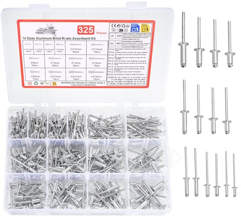 Assortiment de 325 rivets pop en aluminium avec extrémité ouverte pour métal, bois, plastique (2,4 mm, 3,2 mm, 4,8 mm)