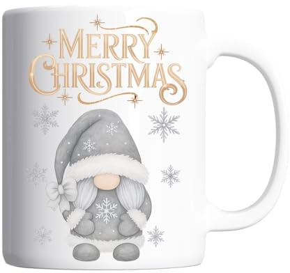 Pickhut Grey Christmas Gonk Mug – Cute Scandinavian Nordic Gnome Coffee Cup – Festive Hot Chocolate Tea Mug – Novelty Xmas Gift for Him Her, Mum Dad, Secret Santa, Stocking Filler