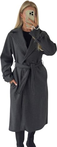 Crazy Fashion Coats For Women UK Winter Jackets Long Sleeve Plain Double Breasted Wool Blend Long Trench Plus Size Coat with Belt, Classic Lapel Ladies Overcoat(Charcoal, UK 10-16)