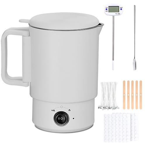 Wachsschmelzer für die Kerzenherstellung, 800ML Wachsschmelztopf mit Ausguss, Thermometer Kerzendochte Docht Aufkleber, Dochthalter und Rührlöffel Kerzenwachs Schmelztopf für Erwachsene Anfänger