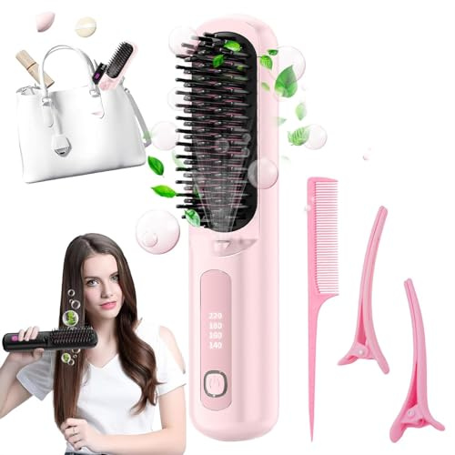 Numoya Go Brush Pro Cordless Portable Straightener, Hair Gobrush Pro Rechargeable Straightener, Hot Comb Fast Heating for Travel (Pink)
