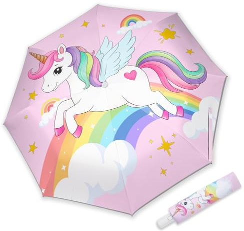 omedecal Regenschirm Kinder mit Muster für Jungen Mädchen Automatisch | Reflektierend mit Schirmhülle, Tragbarer Halbautomatisch Taschenschirm mit Griff