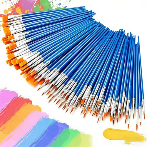 100 Pcs Small Paint Brushes, Face Paint Brushes Art with Flat and Round Pointed for Acrylic, Art Supplies for Kids Adults Professional Artists, Craft Decorating and Rock Canvas Art, Paint Brush Set