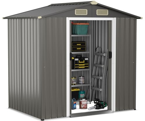 GOPLUS utrustningshus metall, 196 x 142 x 186 cm, utrustskjul 3,68 m³ med låsbara skjutdörrar, 4 luftslitsar och pulttak, trädgårdshus metallskjul, trädgårdsskjul utomhus, väderbeständig