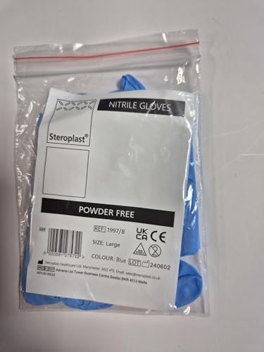 Steroplast Blue Nitrile Disposable Gloves – One Pair – Powder-Free - Pack of 5 (Large)