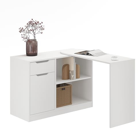 Komto Bureau d'angle avec Rangement Blanc – Bureau en L Pivotant à 360°, avec Tiroirs et Étagère | 106 x 106 x 74 cm