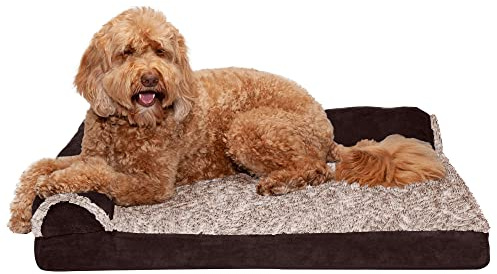 Furhaven Orthopedic Dog Bed for Large/Medium Dogs w/ Removable Bolsters & Washable Cover, For Dogs Up to 55 lbs - Two-Tone Plush Faux Fur & Suede L Shaped Chaise - Espresso, Large