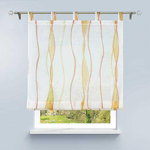 HongYa Raffrollo mit Wellen Druck Transparenter Voile Raffgardine Vorhang mit Schlaufen H/B 140/120 cm Creme Terra