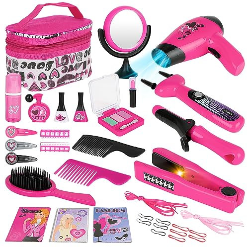 deAO Friseur Set Kinder Schminkkoffer, 35-teiliges Rollenspiel Spielzeug für Mädchen ab 3 4 5 6 7 Jahr - Friseurkoffer mit Haartrockner, Lockenstab & Zubehör - Kreatives Geschenk zum Geburtstag