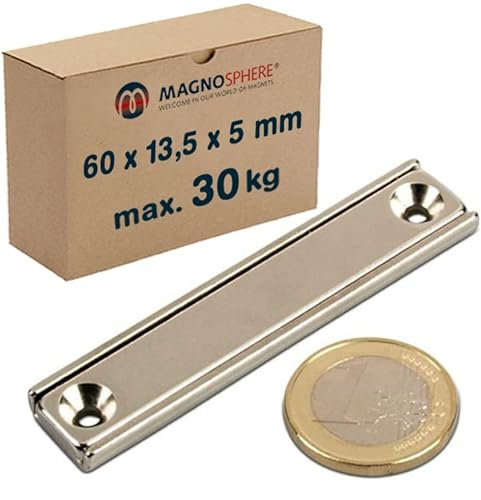 Neodym Magnet zum Anschrauben rechteckig extra stark - 30kg - mit Senkbohrung - Starke Quader-Magnete 60mm lang mit 2x Loch/Bohrung und Senkung für Büro Haushalt Werkstatt - 2 Stück