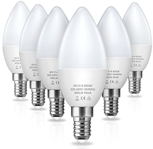 Fulighture E14 LED Kerzenlampe 3W 350LM 6500K Kaltweiß, C37 6 Stück LED | C37 Kerzenform, ersetzt 40W, nicht dimmbar, CRI80, 10000 Std, E14 Sockel für Kronleuchter