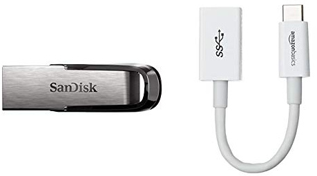 Sandisk Ultra Flair 64 GB, Chiavetta USB 3.0, Velocità di Lettura fino a 150 MB/s, Nero & Amazon Basics Adattatore da USB Type-C a femmina USB 3.1 Gen 1, colore bianco