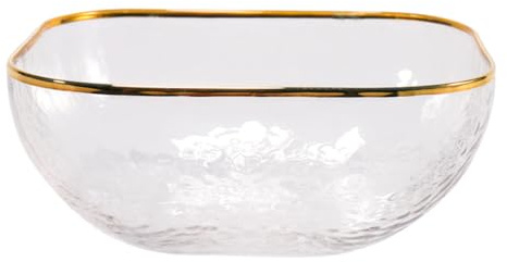 Luxshiny Glass Salad Serving Bowl Clear Transparent Fruit Dessert Mixing Bowl with Gold Edge Round Kitchen Tableware for Salad Fruit Vegetables Dining and Entertaining