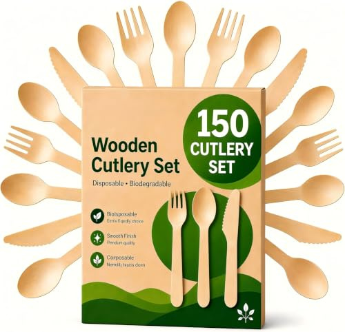 (150-teiliges) Einweg Holzbesteck Set – Alternative zu Plastikbesteck, Umweltfreundlich, Biologisch Abbaubar, 50 Holzgabeln, 50 Holzlöffel, 50 Holzmesser, Einwegbesteck