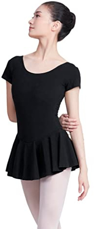 Phoeswan Ballet Leotard for Women, Adult Dance Skirt Black Cotton Short Sleeve Dance Dress for Ballet, Aerobics, Size Large