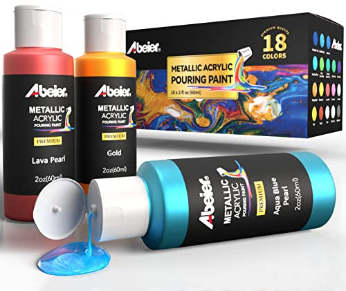 ABEIER Metallic Pouring Acrylfarbe, Set mit 18 Perlen Farben, vorgemischte Gießfarbe mit hohem Durchfluss (60 ml), Farbe zum Gießen auf Leinwand, Glas, Papier, Holz, Fliesen, Steine und mehr