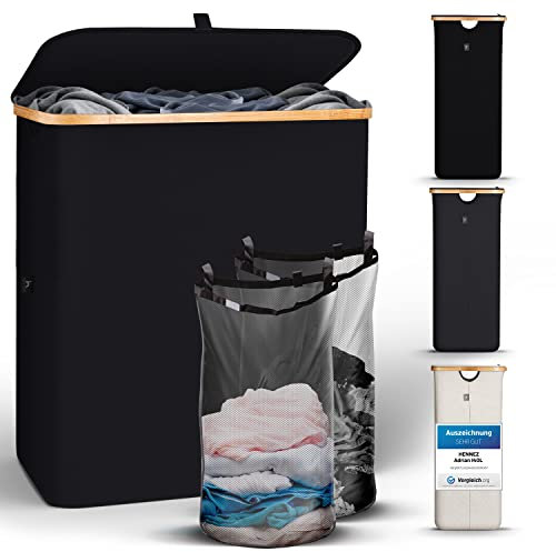 HENNEZ Wäschekorb mit Deckel 2 Fächer Wäschekorb schmal schwarz 141L Wäschesack - Wäschesortierer Anthrazit Wäschebox Wäschetonne schwarzer Wäschesammler mit Deckel Wäschetruhe dunkle Wäschekörbe