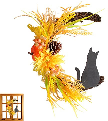 fanelod Halloween-Türkranz, Halloween-Blumenkranz, Hexe, himmlischer , schwarze Katze, Silhouette, Türdekoration, Holzornamente, Dekoration, Gastgeschenk