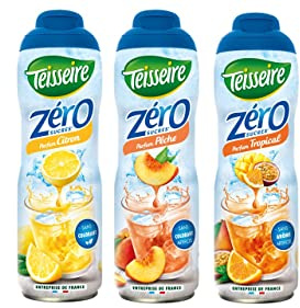 Lot de 3 sirops Teisseire Zéro Sucres (Citron, Pêche, Tropical) pour Boisson Rafraîchissante, Cocktails, Bidon Recyclable 3x60cl