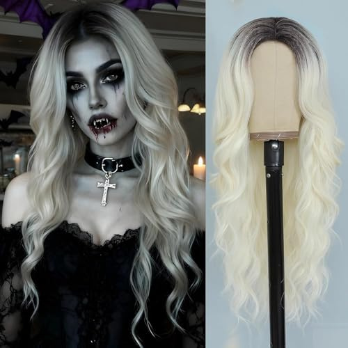 PORSMEER Perücke Damen Hellblond mit dunkelbrauner Roots Kunsthaar Natürlich Perücke Lange ohne Pony Wellig Gewellte Lockig Blond Wig Für Frauen 26 zoll,Party or Tägliche