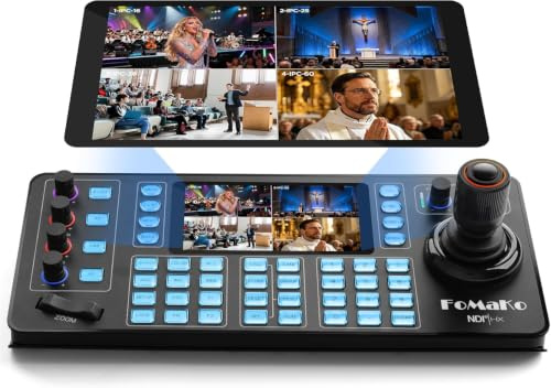 FoMaKo NDI PTZ Controller mit 5,5-Zoll-Touchscreen, Echtzeitvorschau auf Vier Bildschirmen, 4D PTZ Joystick, IP LAN PoE, 7 Kamera-Kurztasten, NDI-Lizenz Enthalten (KC608N)
