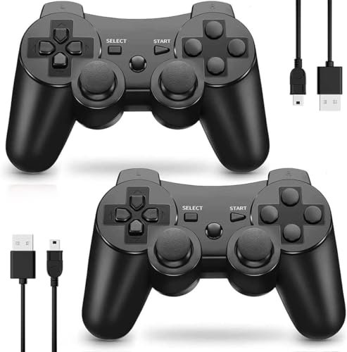 MUZELI Mando para PS3 2 Pack Mando Inalámbrico Wireless Controlador con Doble Vibración, Gyro Axis, Mando para PS3 Gamepad Joystick con 2 cables de carga (2 Pack Negro)