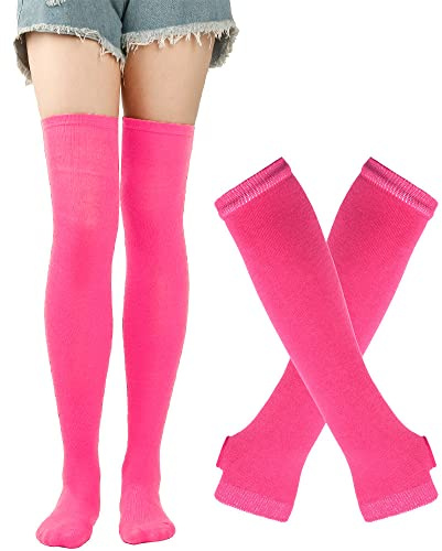 DRESHOW Kniestrümpfe Regenbogen Oberschenkel Hohe Socken Overknee Strümpfe Fingerlose Handschuhe Hülsen-Set für Damen Mädchen Party Stützen Kostüm Halloween