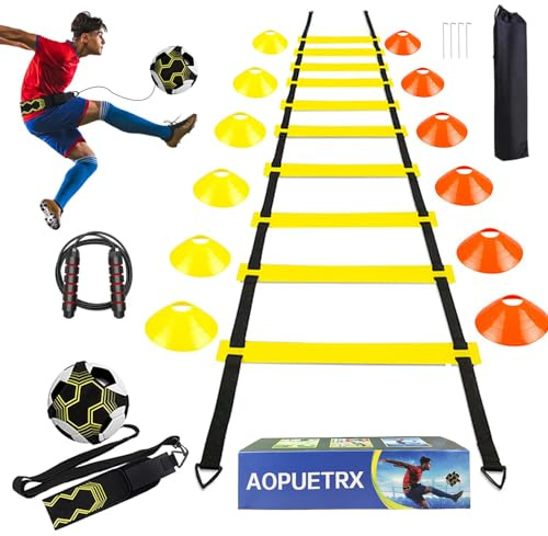 AOPUETRX 20FT Agility Soccer Ladder Training Equipment Set Football Gifts for Boys 8-14 with 12 Cones, Solo Trainer & Jump Rope, Suitable for Home Gym and Playground