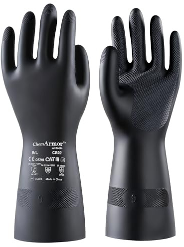 AnTools Heavy Duty Rubber Safety Work Gloves, Chemical Resistant Latex Gloves for Cleaning, Acid & Alkali Protection, Hazmat Use, Black, X-Large