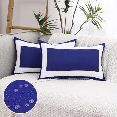 JOJOGOGO Navy Blue Outdoor Lumbar Pillow Covers Waterproof 12x20 Set of 2, Navy Decorative Outdoor Waterproof Sunburn Resistant Boho Bolster Pillows 12 x 20 for Patio Furniture Hammock (White Border)