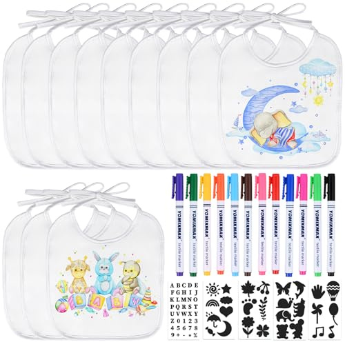 Faburo 12 stycken haklappar för målning, haklappar baby (18 x 18 cm) för babyparty, spel, babyparty, dekoration, babyshowerparty, kön, reveal, babyhaklappar för målning, set med 12 färgglada