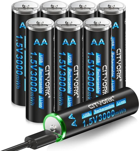 CITYORK Lot de 8 piles rechargeables USB-C AA au lithium 1,5 V 3000 mWh avec câble de charge USB 4 en 1