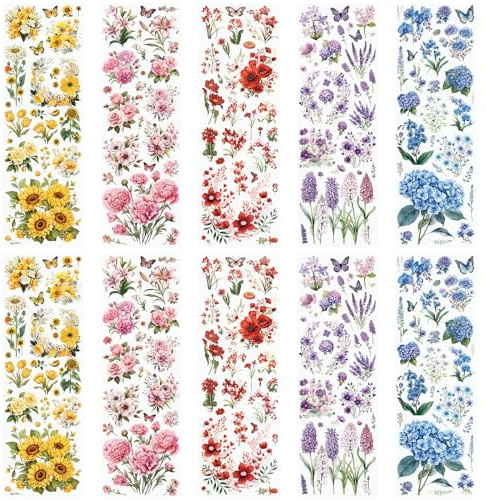WANDIC 10 Blatt Transfer-Aufkleber, gemischte Blumen-Aufkleber für Bastelarbeiten, Scrapbooking, Fotoalben, Möbel, 30 x 9,9 cm