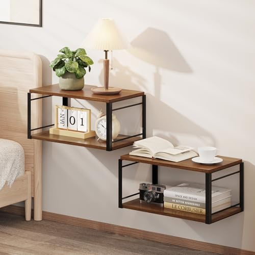 THYGIFTREE Juego de 2 mesitas de noche flotantes, mesita de noche montada en la pared, mesita de noche flotante de nogal, estante de pared para dormitorio, sala de estar, baño, cocina, oficina