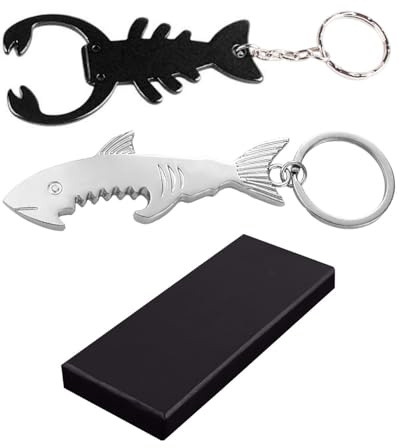 2 Piece Keychain Set with Bottle Opener - Shark and Fish Animal Design in Gift Box