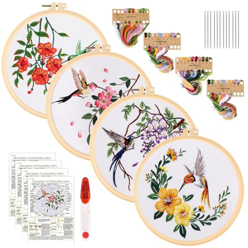BORDEAG broderiset för nybörjare, 4 stycken broderiset vuxna, broderiset med kolibri och blombroderi, broderisats med mönster, bamburäck, broderi, nålar, färgade trådar, instruktioner och verktyg