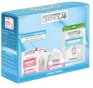 Dermolab - Beauty Box, Kit Skincare Viso Completo, con Crema Viso Idratante Lenitiva 50 ml con Acido Ialuronico, Pelli Secche e Sensibili, e 1 Maschera in Tessuto, Effetto Idratante