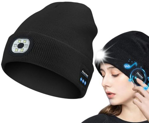 LUCKKY Bluetooth-Mütze mit LED-Licht & abnehmbaren Lautsprechern, LED-Licht Bluetooth Warm Hut, Unisex Winter Warm Stirnlampe Mütze, LED Beanie Beleuchtete Mütze für Laufen Wandern Camping (Schwarz)