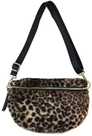 OBC Made in Italy Damen Leoparden Print Tasche Teddyfell Plüsch Brusttasche Bauchtasche Leo Leder Tasche Schultertasche Fell Bodybag Umhängetasche Crossbody Teddyplüsch Schwarz