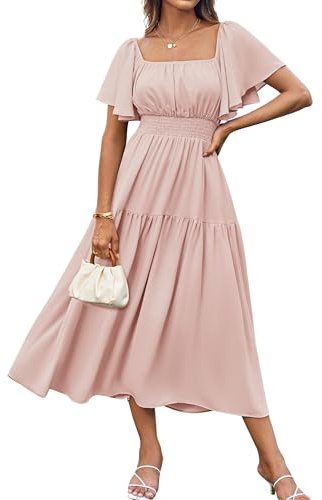 GRACE KARIN Robe d'été élégante en mousseline de soie pour femme, col carré, manches courtes à volants, robe longue trapèze