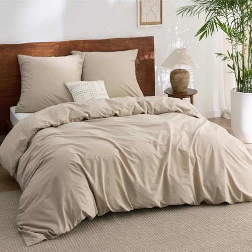 BEDSURE Bettwäsche 220x240 Baumwolle 3teilig - Sommer Bettwäsche-Sets Hazeltaupe Bettbezug mit 2 Kissenbezüge 80x80 cm, Ähnliche Textur wie Washed Leinen, Oeko-TEX Bedding Braun mit Reißverschluss
