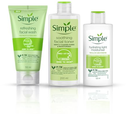 Simple Unisex Facial Care Set: Refreshing Wash 150ml, Toner 200ml, Light Moisturiser 125ml – All-Day Hydration & Pore Care