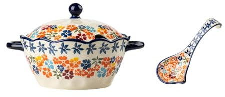 Bol à soupe en céramique à double oreille de style ethnique rétro, bol à soupe personnalisé pour la maison – Pot à soupe coloré avec ombre de fleurs 2 L (avec grande cuillère)