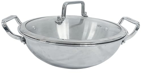 Reldor 22cm Triply Stainless Steel Wok with Lid (Kadhai), Induction Friendly Cooking Pot, Durable Cookware, Deep Frying Pan, Oven Safe up to 300°C, Dishwasher Safe, Ergonomic Handles